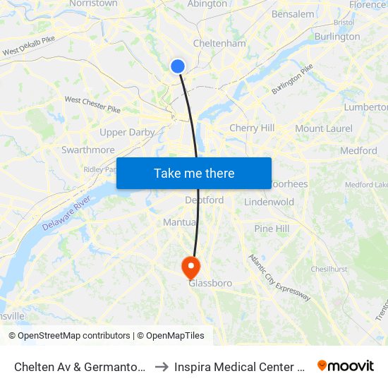 Chelten Av & Germantown Av - FS to Inspira Medical Center Mullica Hill map