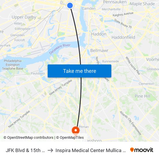 JFK Blvd & 15th St to Inspira Medical Center Mullica Hill map