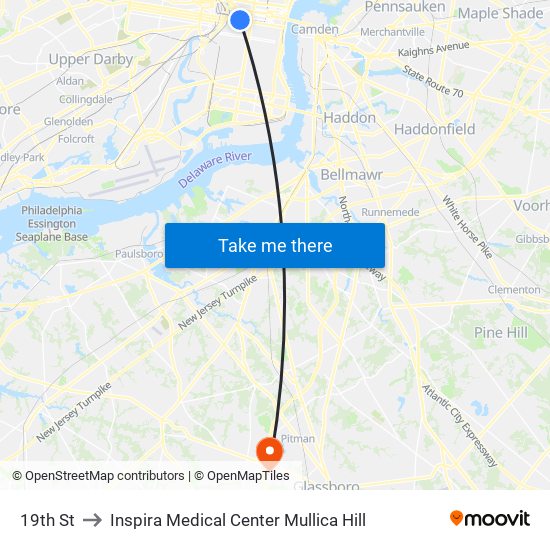 19th St to Inspira Medical Center Mullica Hill map