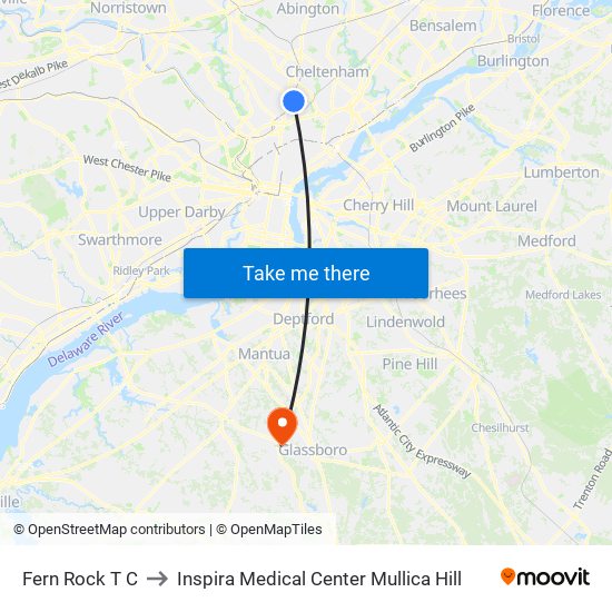 Fern Rock T C to Inspira Medical Center Mullica Hill map