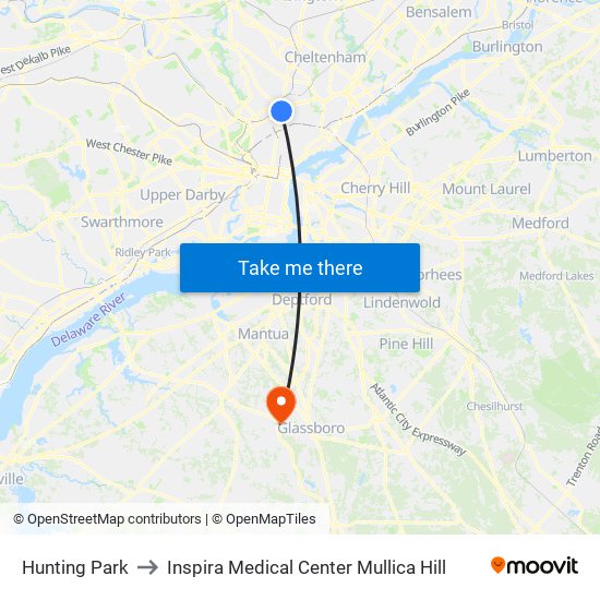 Hunting Park to Inspira Medical Center Mullica Hill map