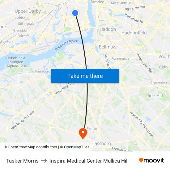 Tasker Morris to Inspira Medical Center Mullica Hill map