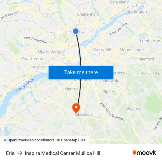 Erie to Inspira Medical Center Mullica Hill map
