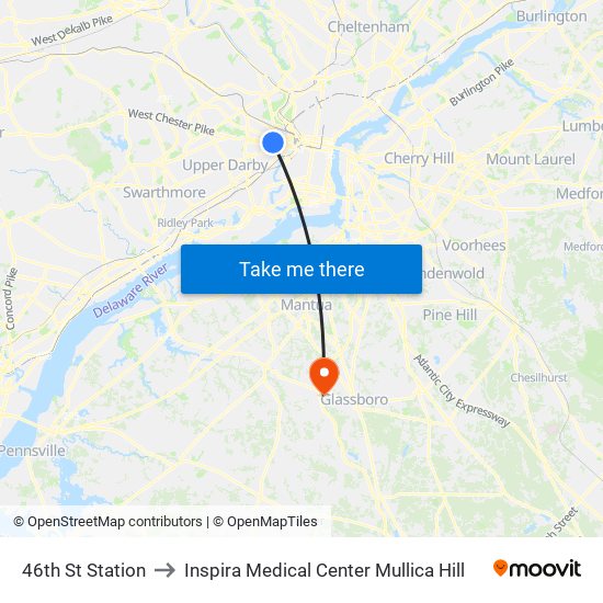 46th St Station to Inspira Medical Center Mullica Hill map