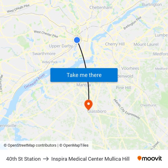 40th St Station to Inspira Medical Center Mullica Hill map