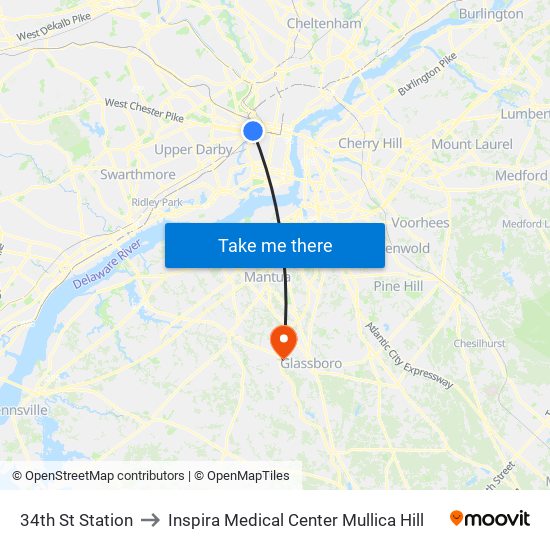 34th St Station to Inspira Medical Center Mullica Hill map