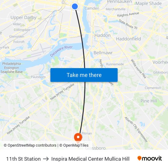 11th St Station to Inspira Medical Center Mullica Hill map