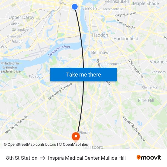 8th St Station to Inspira Medical Center Mullica Hill map