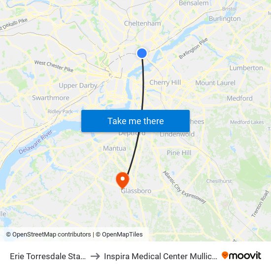 Erie Torresdale Station to Inspira Medical Center Mullica Hill map