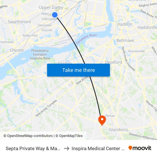 Septa Private Way & Macdade Blvd to Inspira Medical Center Mullica Hill map