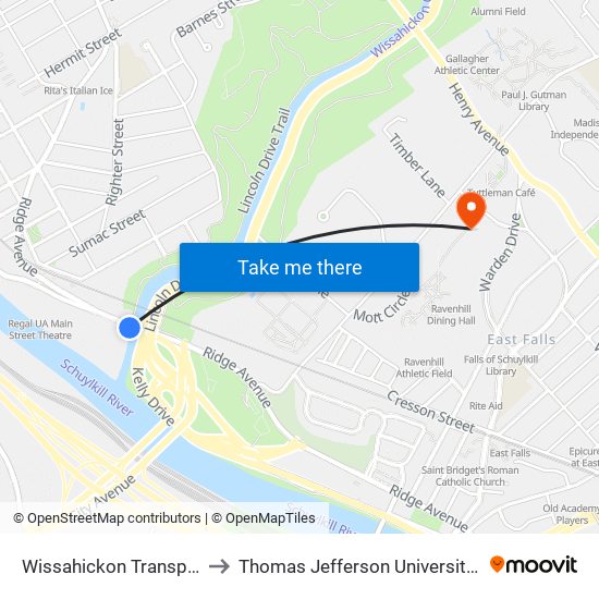 Wissahickon Transportation Center to Thomas Jefferson University East Falls Campus map