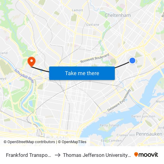 Frankford Transportation Center to Thomas Jefferson University East Falls Campus map