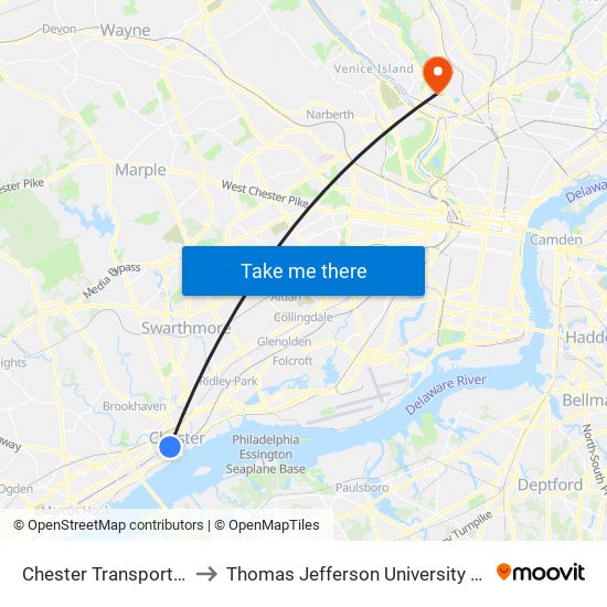 Chester Transportation Center to Thomas Jefferson University East Falls Campus map