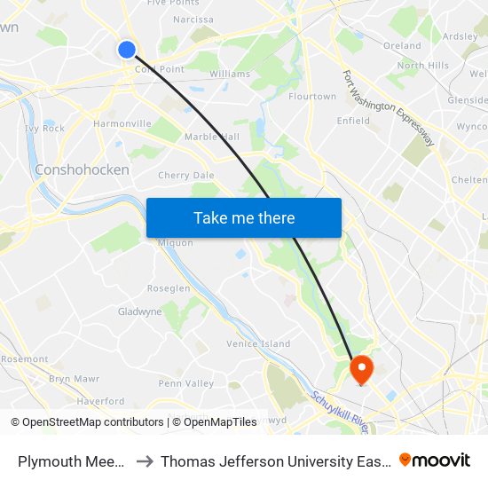 Plymouth Meeting Mall to Thomas Jefferson University East Falls Campus map