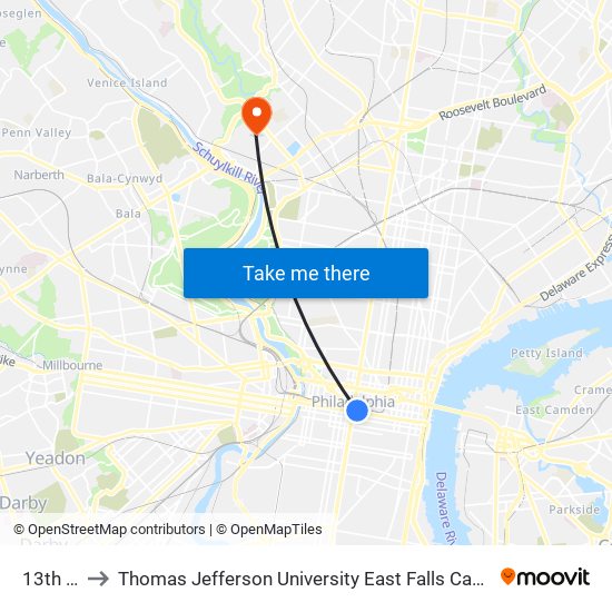 13th St to Thomas Jefferson University East Falls Campus map