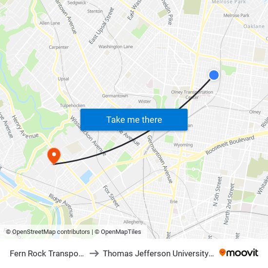 Fern Rock Transportation Center to Thomas Jefferson University East Falls Campus map