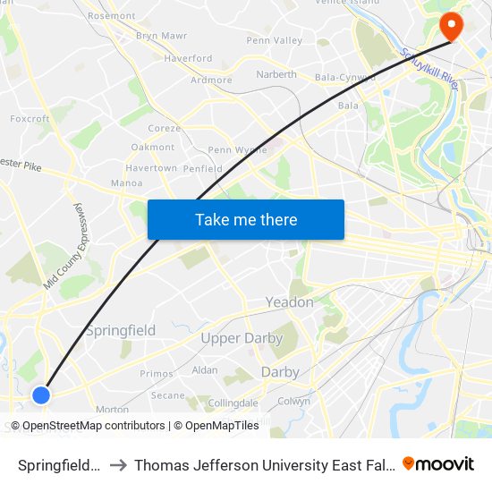 Springfield Mall to Thomas Jefferson University East Falls Campus map