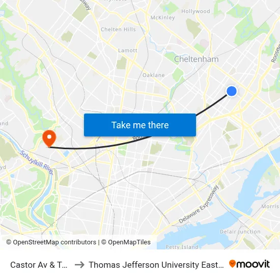 Castor Av & Tyson Av to Thomas Jefferson University East Falls Campus map