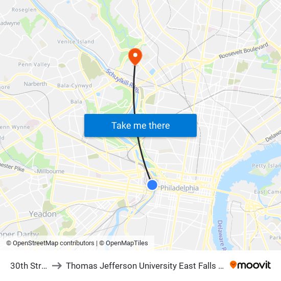 30th Street to Thomas Jefferson University East Falls Campus map