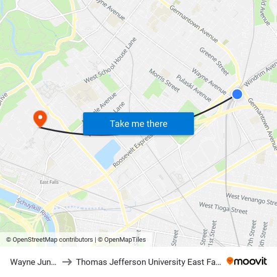 Wayne Junction to Thomas Jefferson University East Falls Campus map