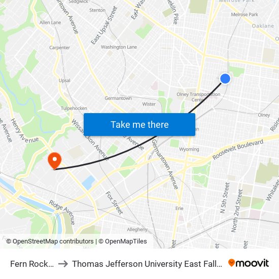 Fern Rock T C to Thomas Jefferson University East Falls Campus map