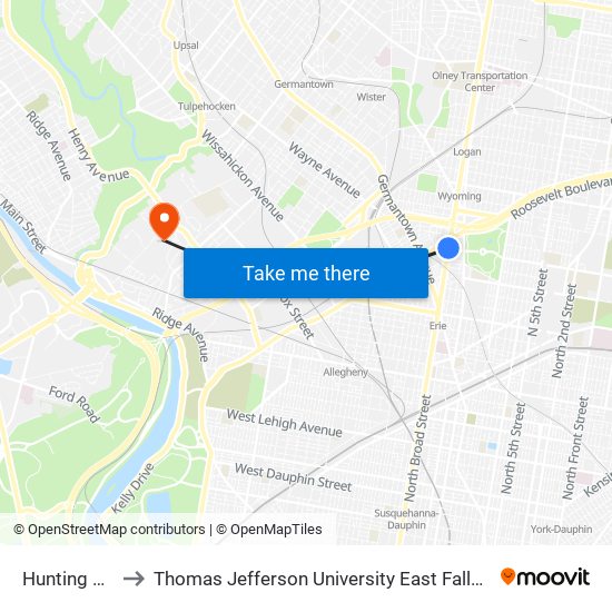 Hunting Park to Thomas Jefferson University East Falls Campus map