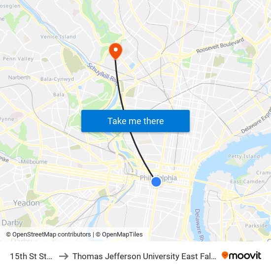 15th St Station to Thomas Jefferson University East Falls Campus map