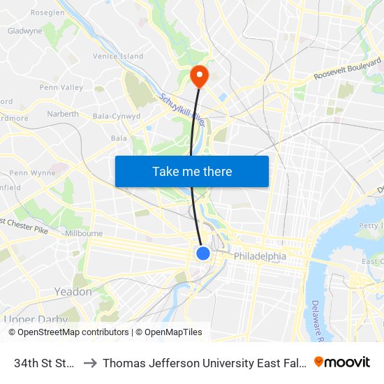 34th St Station to Thomas Jefferson University East Falls Campus map