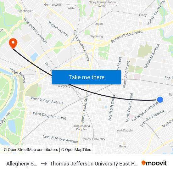 Allegheny Station to Thomas Jefferson University East Falls Campus map