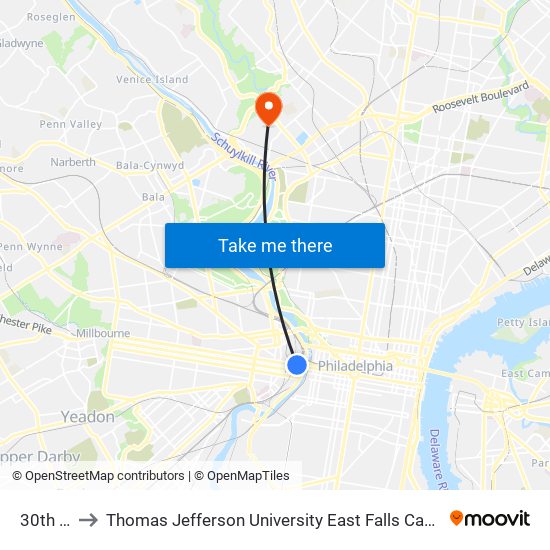 30th St to Thomas Jefferson University East Falls Campus map