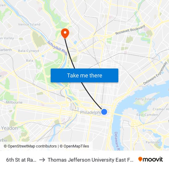 6th St at Race St to Thomas Jefferson University East Falls Campus map