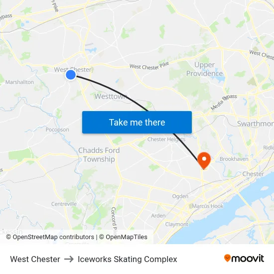 West Chester to Iceworks Skating Complex map