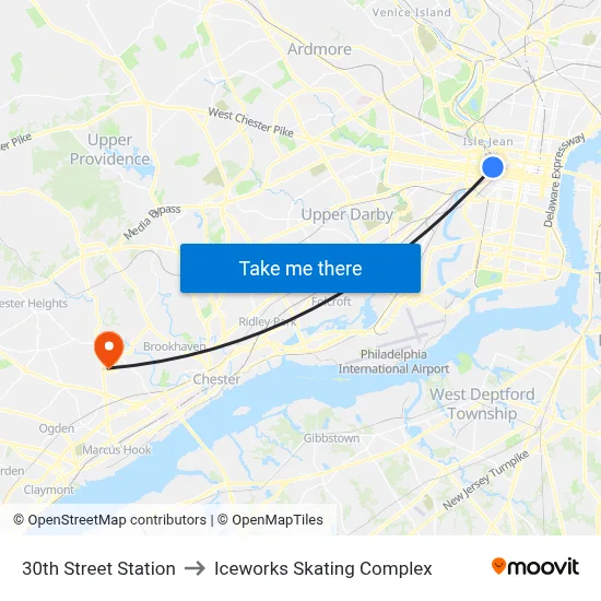 30th Street Station to Iceworks Skating Complex map