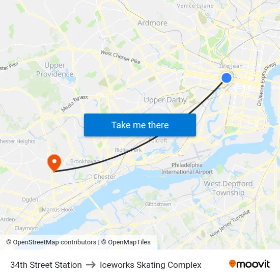 34th Street Station to Iceworks Skating Complex map