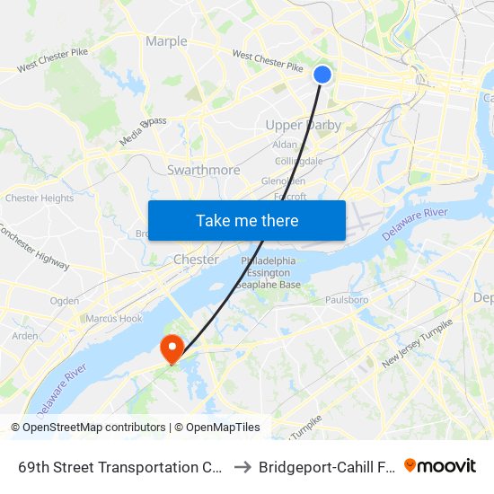 69th Street Transportation Center to Bridgeport-Cahill Field map