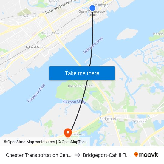 Chester Transportation Center to Bridgeport-Cahill Field map