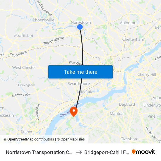 Norristown Transportation Center to Bridgeport-Cahill Field map