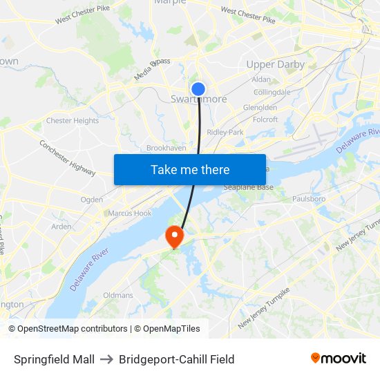 Springfield Mall to Bridgeport-Cahill Field map