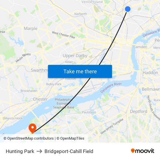 Hunting Park to Bridgeport-Cahill Field map