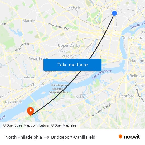 North Philadelphia to Bridgeport-Cahill Field map