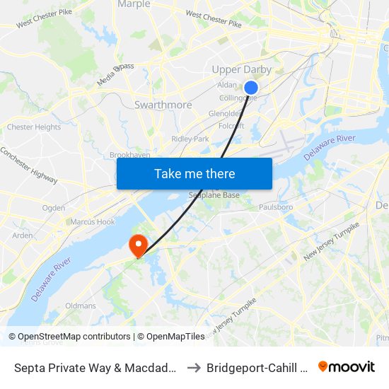 Septa Private Way & Macdade Blvd to Bridgeport-Cahill Field map