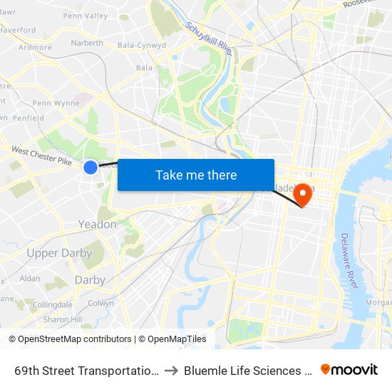 69th Street Transportation Center to Bluemle Life Sciences Building map