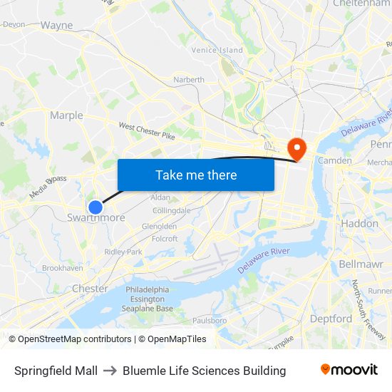 Springfield Mall to Bluemle Life Sciences Building map