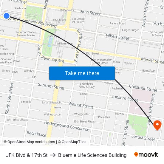JFK Blvd & 17th St to Bluemle Life Sciences Building map