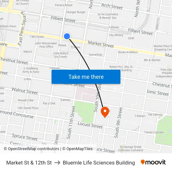 Market St & 12th St to Bluemle Life Sciences Building map