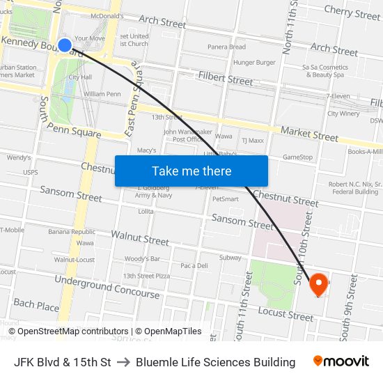 JFK Blvd & 15th St to Bluemle Life Sciences Building map