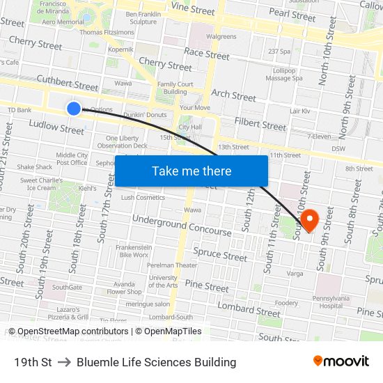 19th St to Bluemle Life Sciences Building map