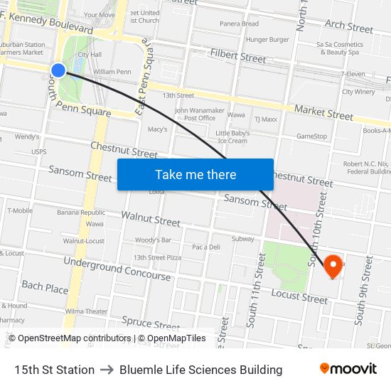 15th St Station to Bluemle Life Sciences Building map