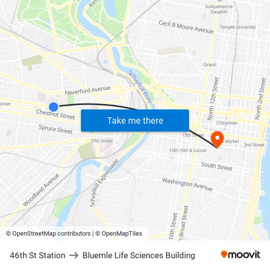 46th St Station to Bluemle Life Sciences Building map