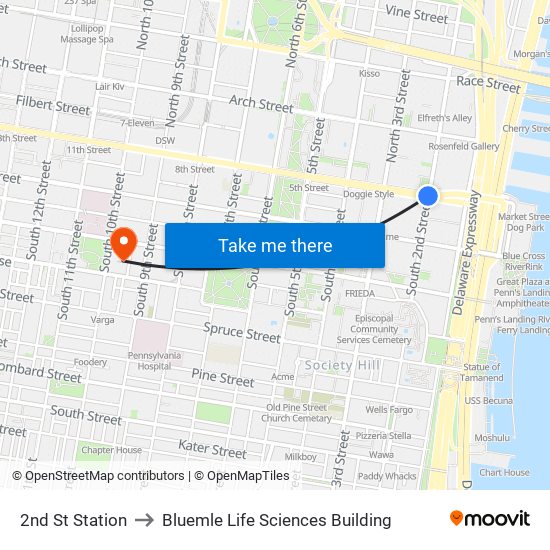 2nd St Station to Bluemle Life Sciences Building map